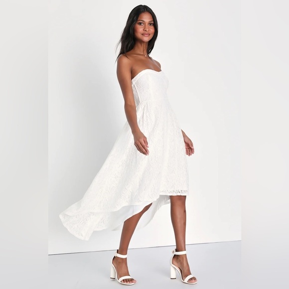 Lulus Curated Charm White Lace Strapless Bustier High-Low Dress, size small - Picture 2 of 8